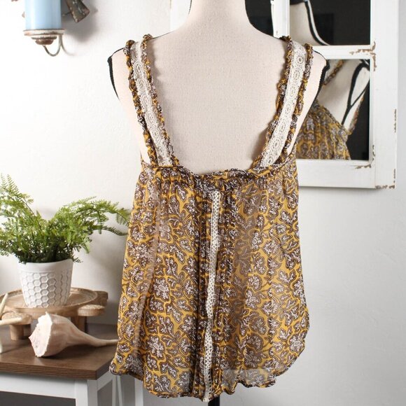Anthropologie Bardot Floral Lace Trim Camisole Tank Top - Yellow Brown Ivory - Picture 2 of 7